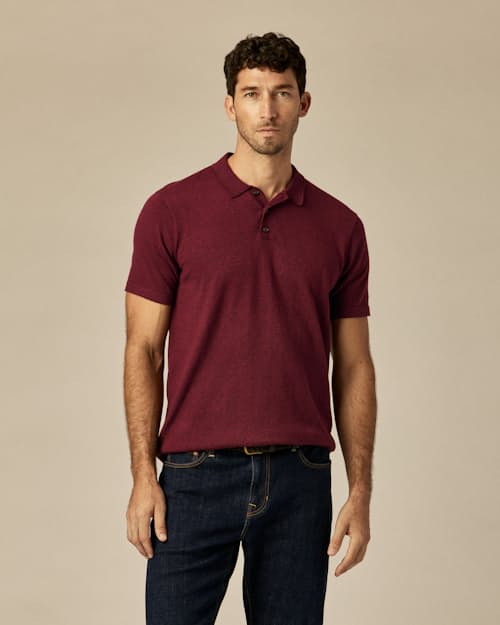 on model image of Fine Ribbed Cotton Cashmere Polo Shirt