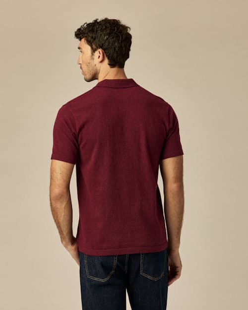 on model image of Fine Ribbed Cotton Cashmere Polo Shirt