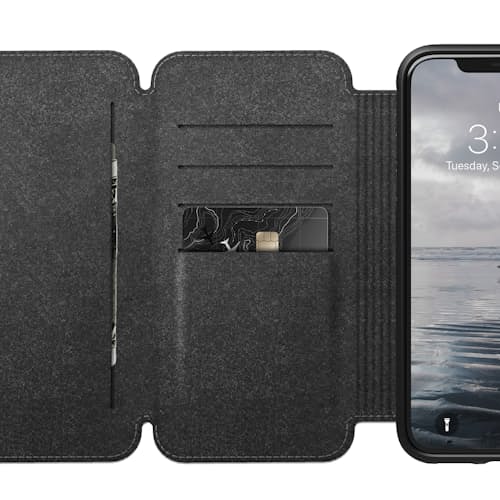 laydown image of Tri-Folio - Black Leather iPhone XS