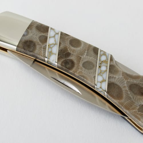 laydown image of Rare Petoskey Fossil + Jasper Pocket Knife