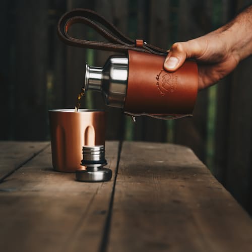 laydown image of Firelight 375ml Flask + Leather Holster