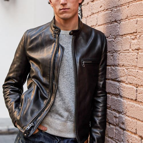 lifestyle image of Waxed Natural Pebbled Cowhide Cafe Leather Jacket