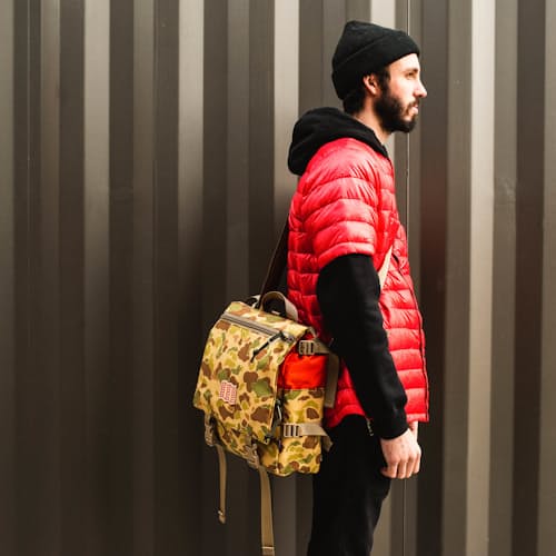 laydown image of Topo Designs x Nanga x Natal - 1000D Camo Rover Shoulder Bag