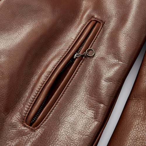 laydown detail image of Waxed Natural Pebbled Cowhide Cafe Leather Jacket