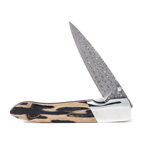 laydown image of Damascus 4" Folder w/ Cholla Cactus Skeleton Handle