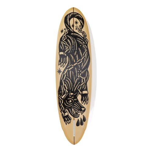 laydown image of Huckberry x Coors Banquet x DJ Javier 7'6" Yee Shapes Egg Surfboard
