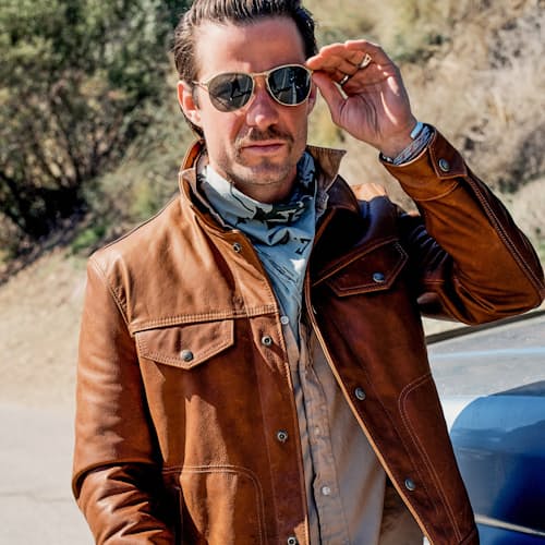 laydown image of Waxy Cowhide Trucker Jacket