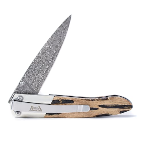 laydown image of Damascus 4" Folder w/ Cholla Cactus Skeleton Handle