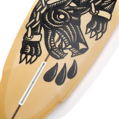 laydown image of Huckberry x Coors Banquet x DJ Javier 7'6" Yee Shapes Egg Surfboard