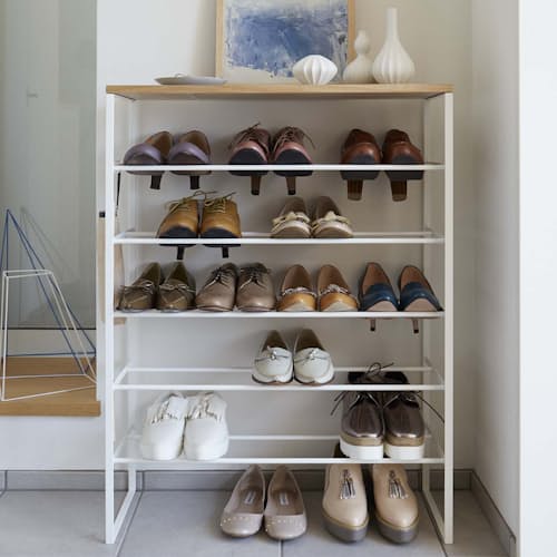 lifestyle image of Wood Top Shoe Rack Tower - 6 Tier