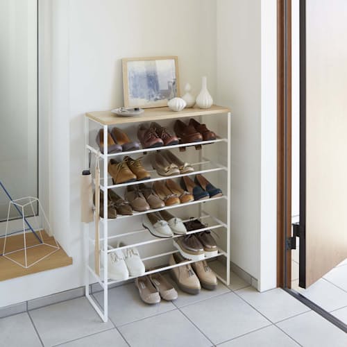 lifestyle image of Wood Top Shoe Rack Tower - 6 Tier